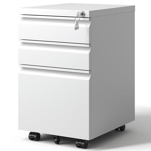 EKJ 3 Drawer Mobile File Cabinet, White Metal Under Desk Filing Cabinets with Wheels, Locking Slim Vertical File Cabinet for Home Office, Fully EKJ