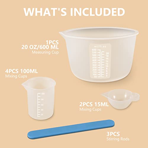 KISREL Silicone Measuring Cups for Resin, Resin Supplies with 600&100ml Silicone Cups, Resin Mixing Cups, Silicone Stir Sticks, Epoxy Mixing Cup KISREL
