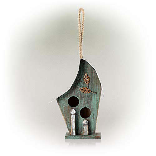 Alpine Corporation YEN134HH-TUR Wooden Birdhouse Outdoor Decor for Garden, Patio, Deck, Porch, 8"L x 6"W x 12"H with Rope: 21”H, Turquoise Alpine Corporation