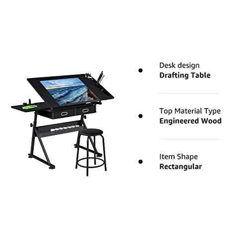 Yaheetech Art Craft Table Drawing Table Height Adjustable Drafting Desk Work Station with Tiltable Tabletop w/Stool and 2 Storage Drawers for Yaheetech