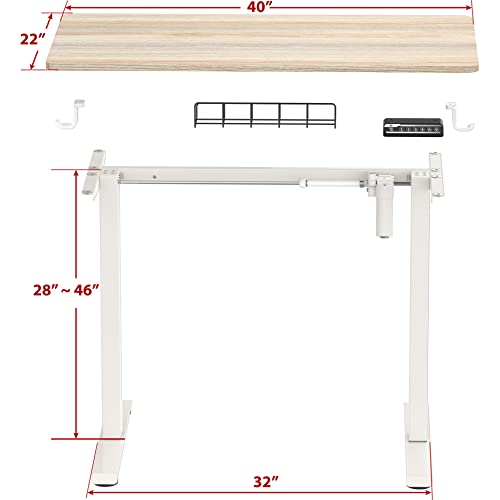 SHW Small Electric Height Adjustable Sit Stand Desk with Hanging Hooks and Cable Management, 40 x 22 Inches, White Frame and Maple Top SHW