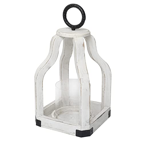 SwallowLiving 13" Rustic Farmhouse Wood Candle Hurricane Lantern with Glass Candlestick Holder for Patio, Table Centerpiece, White SwallowLiving