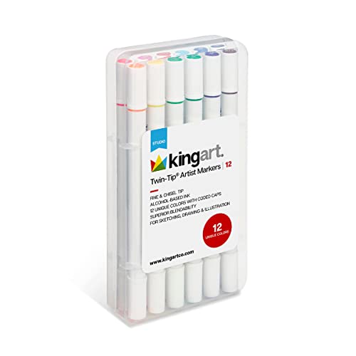 KINGART Studio Twin-Tip™ Permanent Alcohol-Based Sketch Markers, Storage/Travel Case, Set of 12 Unique Colors KINGART