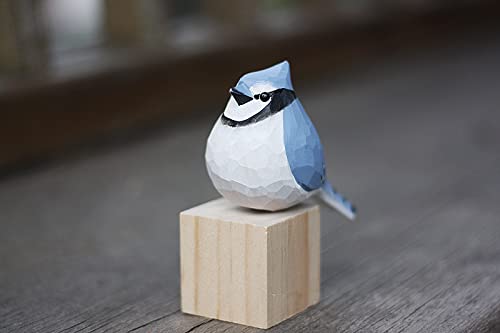 Hand Carved Wooden Bluejay Bird Figurine Wood Bird Statue Bird Scuplture for Shelf Decor WoodArtSupply