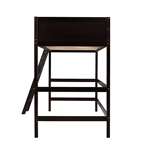 Merax Espresso Twin Modern Wood Loft Bed with Guardrail and Ladders Merax