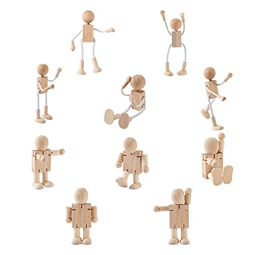 Craftdady 10pcs Unfinished Wooden Robot Bodies Joint Adjustable Wood Figures Peg Dolls for DIY Art Crafts Painting Party Home Decor 2 Styles Craftdady