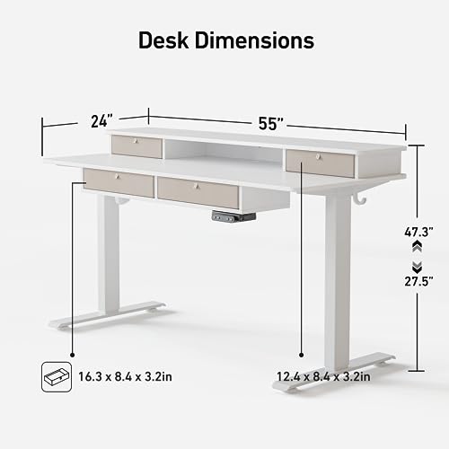 FEZIBO Sturdy Height Adjustable Electric Standing Desk with Drawers, 55 x 24 Inch Stand Up Table with Large Storage Shelf, Sit Stand Desk, White Top FEZIBO