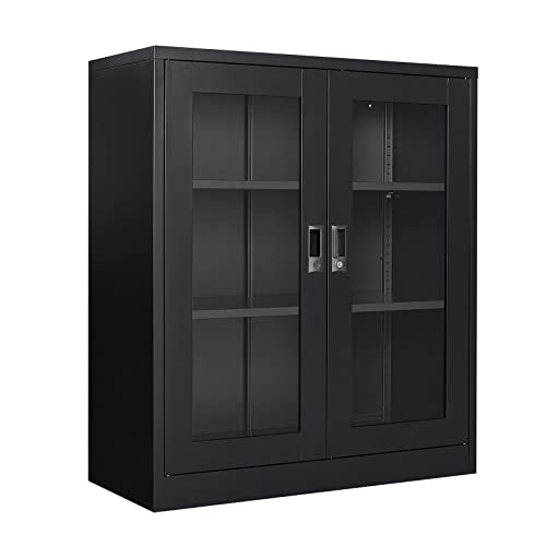 AFAIF Metal Storage Cabinet, Glass Cabinet Sideboard, Bookcase with Glass Doors, Curio Cabinet with 2 Adjustable Shelves, Lockable Metal Display AFAIF