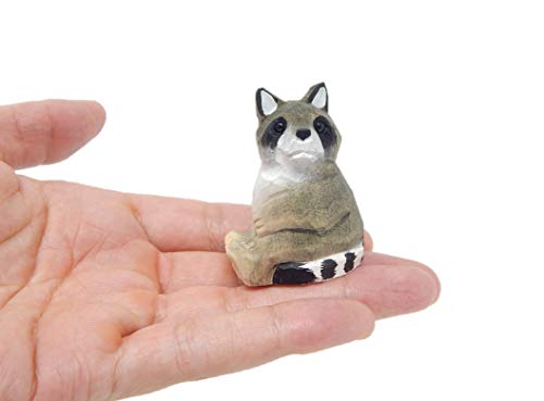 Selsela Raccoon - Miniature Wooden Forest Critter Art Decoration Carved Figurine Small Animals Garden Statue Selsela