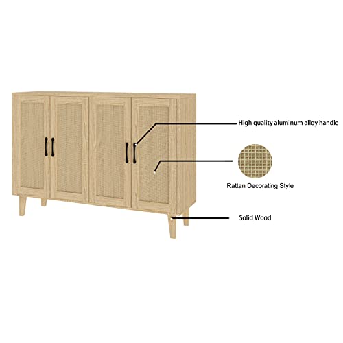 Panana Buffet Storage Cabinet with Rattan Decorating 4 Doors Living Room Kitchen Sideboard 48.43 x 34.65 x 15 inch (Natural Wood) Panana