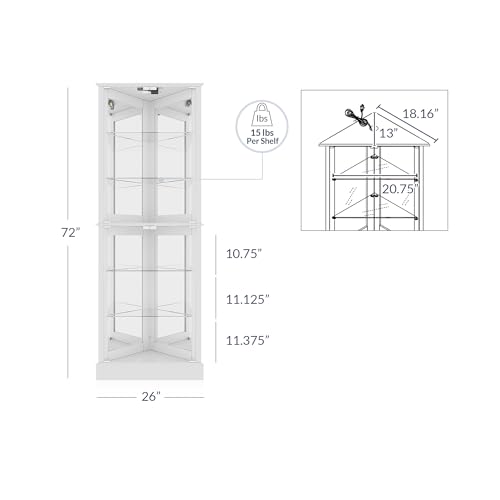 BELLEZE Lighted Accent Corner Display Curio Cabinet with Tempered Glass Doors and Shelves, Classic Wood Cabinet w/Bulb, Corner Curio Storage Rack for BELLEZE