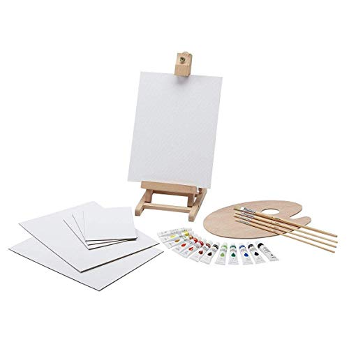 KINGART Artist Acrylic Painting Set with Wooden H-Frame Studio Easel, 12 Vivid Acrylic Paint Colors, 6 Canvas Panels, 4 Brushes, Wood Palette KINGART
