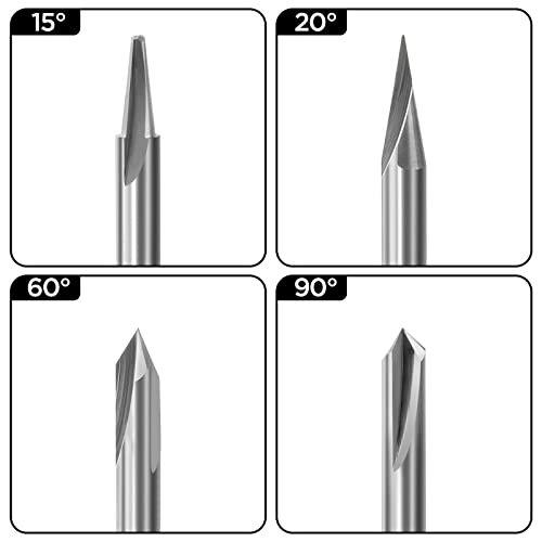 MNA Engraving CNC Wood Carving Router Bit Set, 4 Piece, 1/4" Shank, Soild Carbide 15° 20° 60° 90° V Groove Bit. for CNC or Wood Router, MNA MNA