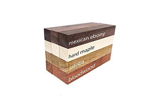 Exotic Wood Pen Blanks 12-Pack: Bloodwood, Mexican Ebony, Jatoba, Hard Maple, 3 of Each Wood Type, 5 x 3/4 x 3/4 inches Earlywood