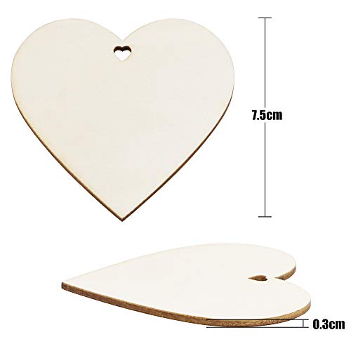WYKOO 50 Pcs 3 Inch Natural Heart Wood Slices DIY Wooden Ornaments Unfinished Wooden Heart Embellishments with Natural Twine for Valentine's Day, WYKOO