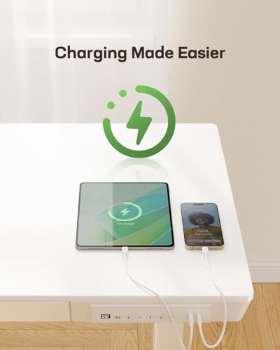 Marsail Standing Desk with Drawer, 48 x 24 inch Whole Piece Tabletop Electric Standing Desk, Height Adjustable Desk with USB Charging Ports, Sit Marsail