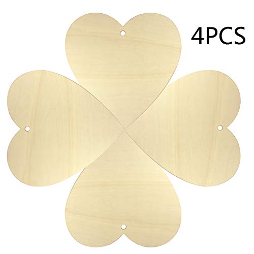 obmwang 4 Pieces Natural Wooden Hearts 11.5 x 11Inch, Large Wood Heart Slices Unfinished Predrilled Wood Hearts Ornaments for Valentine's Day Wedding obmwang