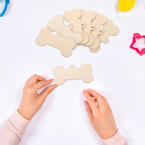 Cabilock Bone Shaped Wooden Cutouts, Mini Dog Bone 24pcs DIY Dog Bone Ornament Dog House Door Signs Unfinished Wood Hanging Bone with Jute Twine Cabilock