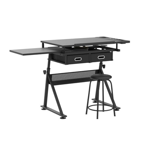 Yaheetech Drafting Table for Artists, Height Adjustable Drawing Desk Art/Craft Desk Diamond Paintings Work Station w/ 2 Storage Drawers and Stool for Yaheetech