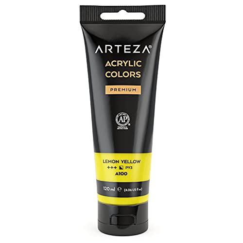 ARTEZA Acrylic Paint, Lemon Yellow Color, (120 ml Pouch, Tube), Rich Pigment, Non Fading, Non Toxic, Single Color Paint for Artists & Hobby Painters ARTEZA