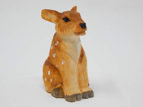 Selsela Spotted Deer - White-Tailed Forest Fawn Reindeer Roe Buck Fallow Doe Miniature Hand-Painted Wooden Carved Ornament Figurine Small Animals Selsela