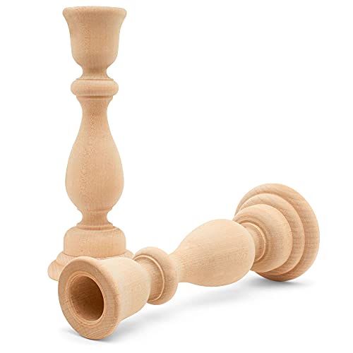 Classic Wooden Candlestick 6-3/4 inches with 7/8 inch Hole, Set of 4 Unfinished Wood Holder for Taper Candle, Ready to Craft, by Woodpeckers Woodpeckers