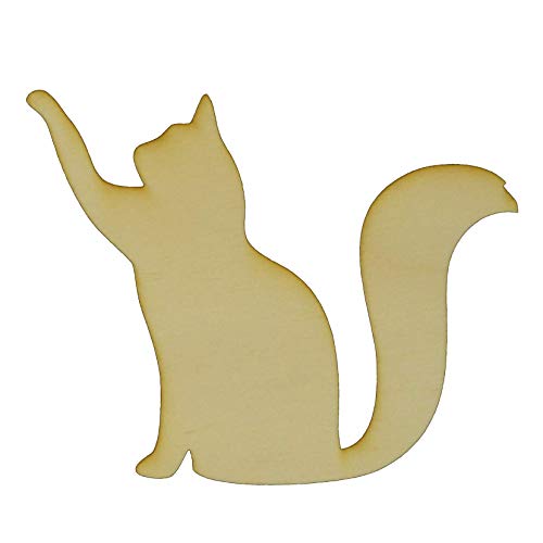 Unfinished Cat with Raised Paw Wood Cut Out Available in a Variety of Sizes and Thicknesses (1/8” Thickness, Medium 8" x 6.5" (Sold Individually)) LKN ART
