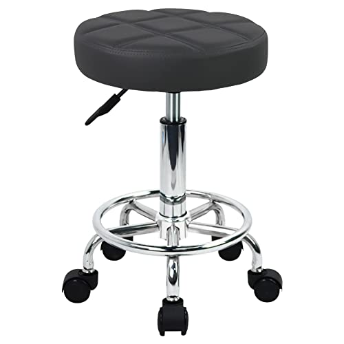 WKWKER Round Rolling Stool with Footrest PU Leather Height Adjustable 360° Swivel Stool with Wheels Office Stool Chair Home Drafting Work Studio Shop WKWKER