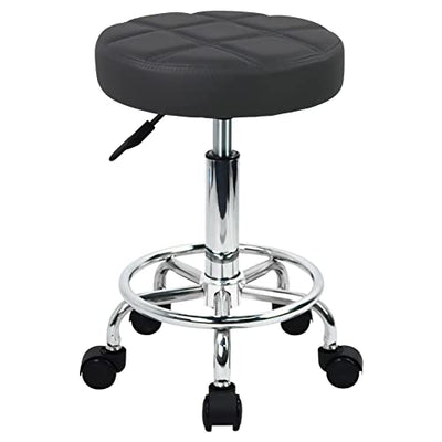 WKWKER Round Rolling Stool with Footrest PU Leather Height Adjustable 360° Swivel Stool with Wheels Office Stool Chair Home Drafting Work Studio Shop