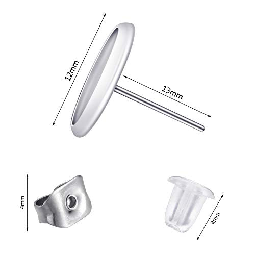 300 Pieces Stud Earring Kit Include 100pcs 12 mm Stainless Steel Blank Stud Bezel Settings 100 Rubber Backs 100 Earring Backs (Silver with Silver and Hicarer