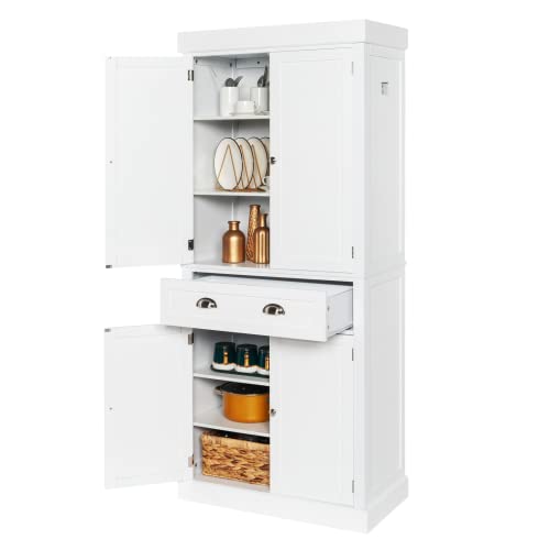 VINGLI Upgraded 72” Freestanding White Storage Cabinet with Doors and Shelves Adjustable, Wood Pantry Storage Cabinet with Drawers for Kitchen, VINGLI