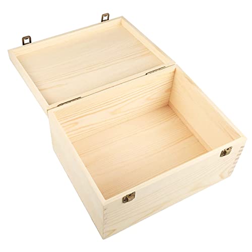 Frcctre Extral Large Unfinished Wooden Box, 13 x 10 x 6.5 inch Natural Unfinished Pine Wood Box with Hinged Lid and Front Clasp for DIY Craft Art Frcctre