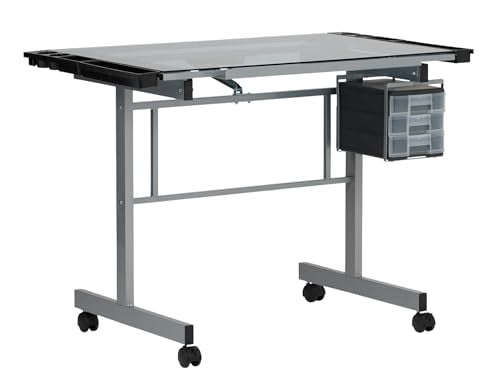Studio Designs Vision Craft and Drawing Station - 35.5" W by 23.75" D Silver-Blue Glass Top Drafting Table with Pencil Drawers, Side Trays, & SD Studio Designs