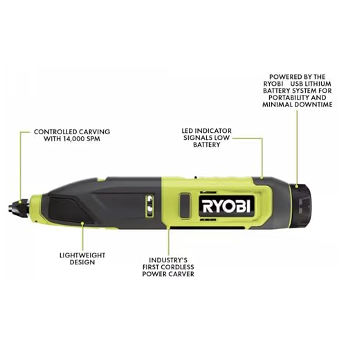 Power Carver Bundle with Ryobi Carver and Buho Tool Pouch, USB Lithium 2.0 Ah Battery and Charging Cable - Wood Carving Tool - Includes Straight Buho