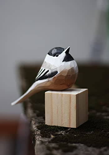 Hand Carved Wooden Black-Capped Chickadee Bird Figurine Wood Bird Statue for Home Decor WoodArtSupply