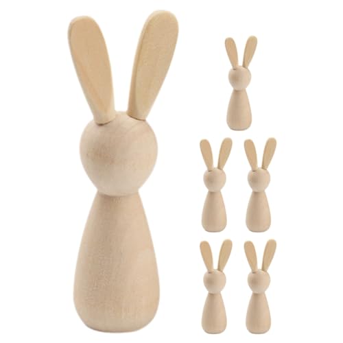 SEWACC 6pcs Unfinished Wood Figures DIY Paint Your Own Kit Wood Bunny Cutouts Unfinished Wooden Rabbit Easter Animal Doll DIY Painting Peg Dolls