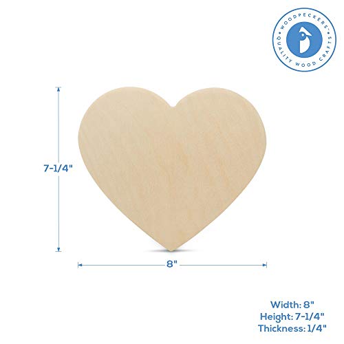 Wooden Heart Cutouts for Crafts 8 inch, 1/4 inch Thick, Pack of 3 Unfinished Wooden Heart Shapes, by Woodpeckers | Great for Valentines Day Crafts & Woodpeckers