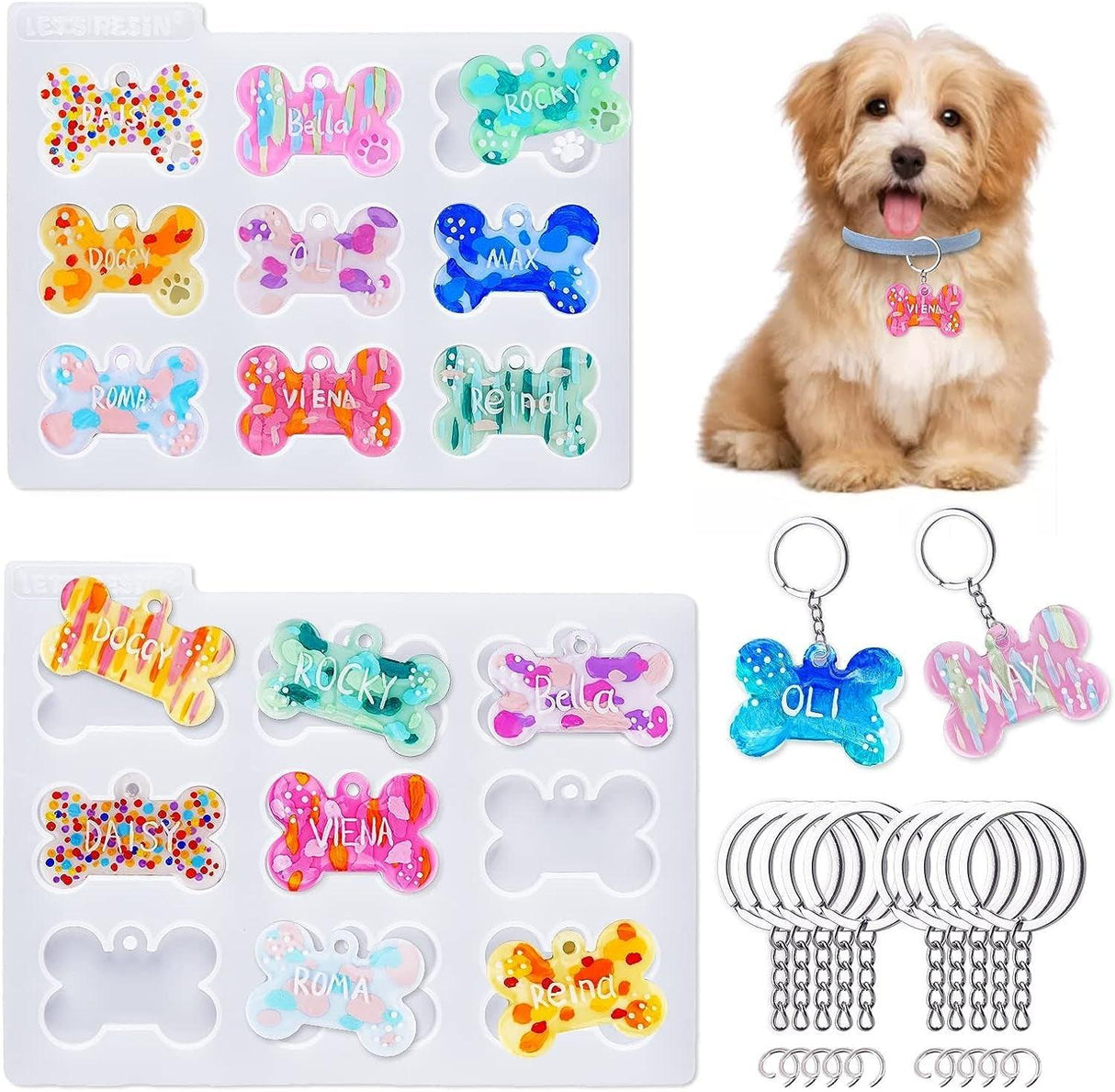 Pet Tag Resin Molds Silicone for Cat Dog | Epoxy Resin & UV Resin Bone Shape Keychain Molds with 10Pcs Key Ring & 10Pcs Jump Ring, DIY Keychain WoodArtSupply