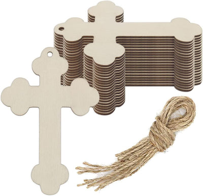 20Pcs Cross Wood DIY Crafts Cutouts Wooden Cross Shaped Hanging Ornaments with Hole Hemp Ropes Gift Tags for Easter Birthday Party Decorations