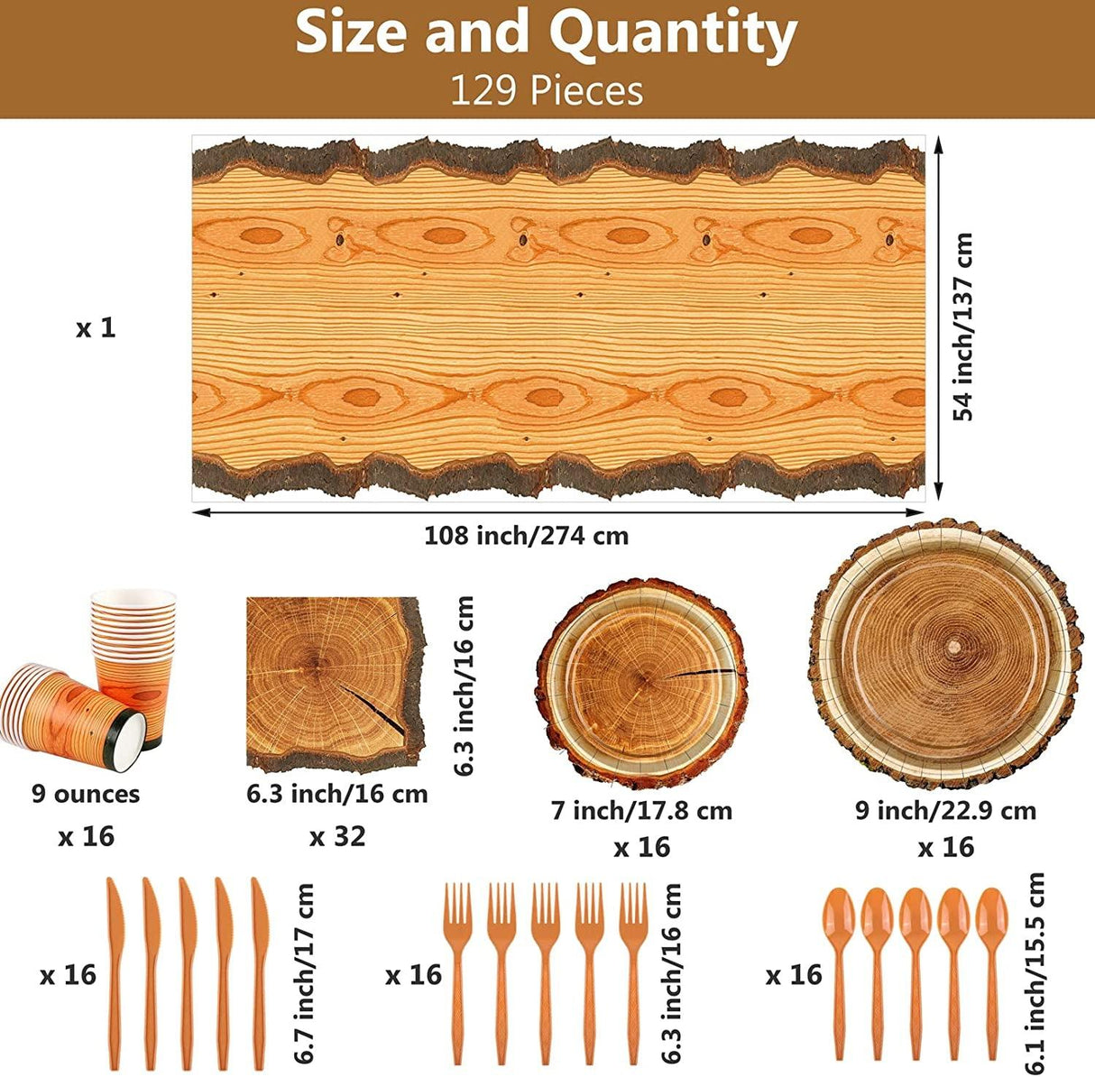 129 Pieces Hunting Birthday Party Supply Camping Party Plate Tablecloth Cup Napkins Wood Slice WoodArtSupply