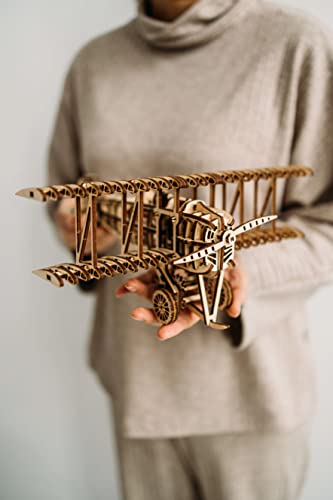 Wood Trick Bi-Plane Toy Kit, Wooden Toy Plane - Mechanical Model Plane Mini - 3D Wooden Puzzle, Assembly Model - STEM Toys for Boys and Girls - 3D Wood Trick
