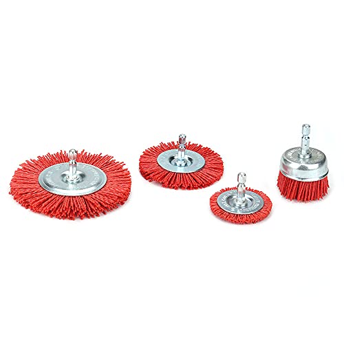 KUOFU 4 Pack Nylon Filament Abrasive Wire Brush Polishing Wheel with 1/4" Hex Shank Surface Cleaning Rust Removal Red 120# - WoodArtSupply