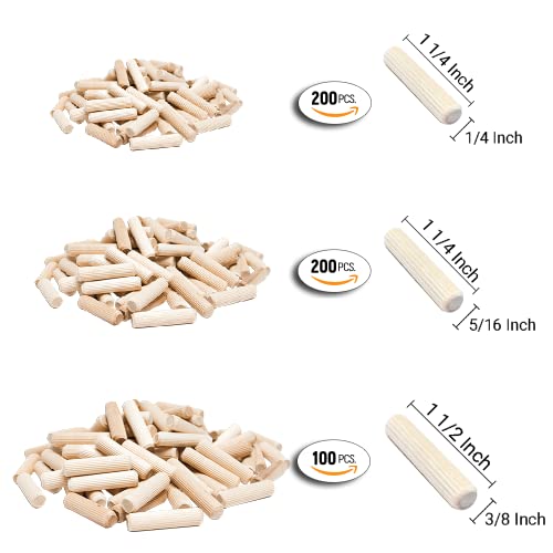 ALBO Wooden Dowel Pins 500 Pack Assorted Sizes 1/4 + 5/16 + 3/8 inch Fluted Wood Dowels Rods Hardwood Crafts Dowel Pegs… Albo