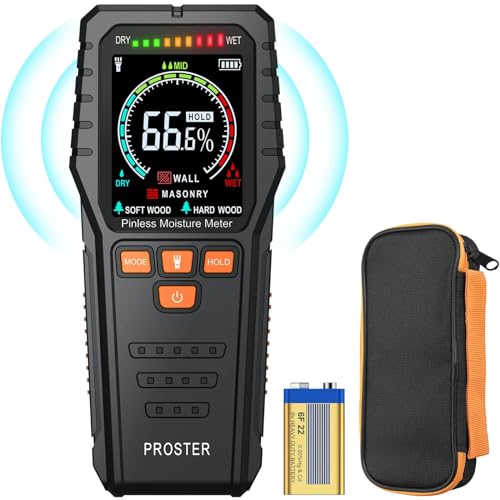 Proster Pinless Wood Moisture Meter, Non-Destructive Moisture Tester for Wood Wallboard Masonry;Detect up to 3/4 Inch Below Surface, Backlit Color Proster