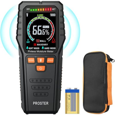 Proster Pinless Wood Moisture Meter, Non-Destructive Moisture Tester for Wood Wallboard Masonry;Detect up to 3/4 Inch Below Surface, Backlit Color