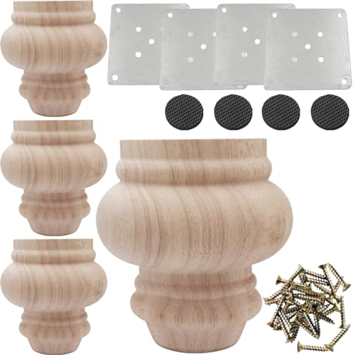 Btibpse 4'' Furniture Legs Wooden Unfinished Bun Feet for Sofa, Chair, Loveseat, Ottoman, Dresser Foot Set of 4 Btibpse