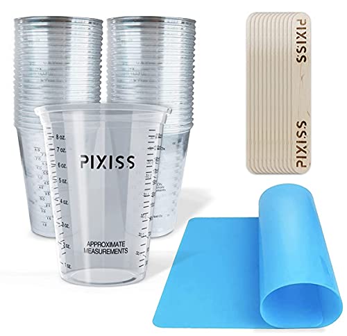 Disposable Measuring Cups For Resin - 20x Pixiss 10 Ounce Graduated Mixing Cups for Epoxy Resin - Cups with Measuring Lines, Large Silicone Sheet for Pixiss