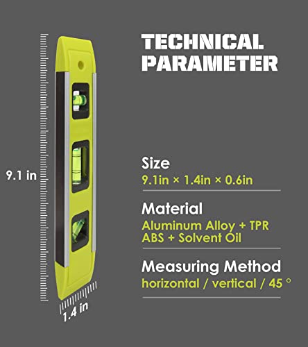 DIFFLIFE Level & Tool Magnetic Aluminum Reinforced Torpedo Level, 9", Green (1PCS) DIFFLIFE