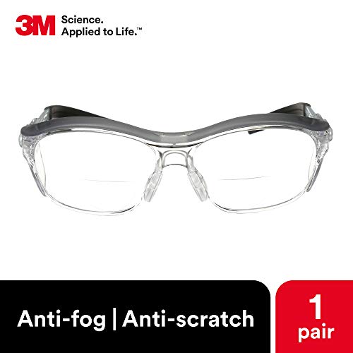 3M Safety Glasses with Readers, Nuvo Protective Eyewear, +1.5 Diopter, ANSI Z87, Clear Lens, Retro Gray Frame, Soft Nose Bridge, Side Shields 3M
