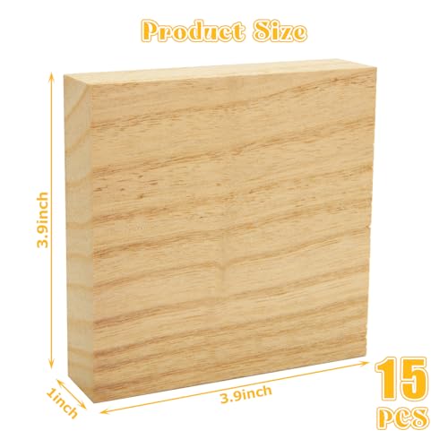 CYEAH 15 Pack Wooden Blocks for Crafts, 4" x 4" x 1" Basswood Carving Blocks, Blank Wooden Square Blocks, Wood Tiles Craft Panels Great for Crafts, CYEAH